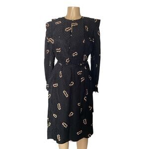 Vintage Argenti Black Silk Midi Dress Polka Dot Long Sleeve Sz 10 Hong Kong